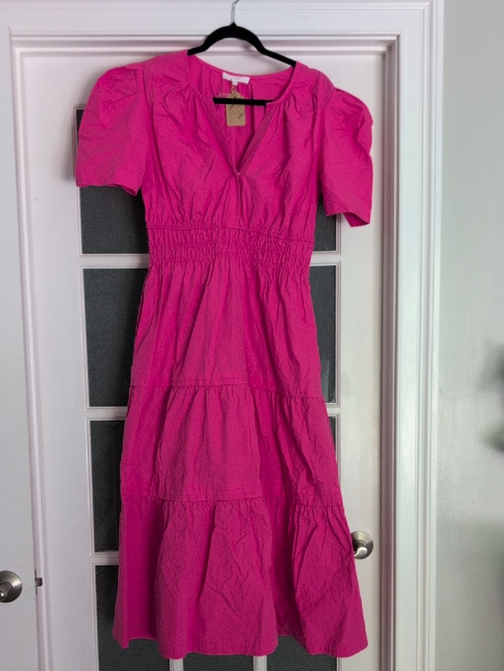 Ces Femme Hot Pink Tiered Maxi Dress with Puff Sleeves